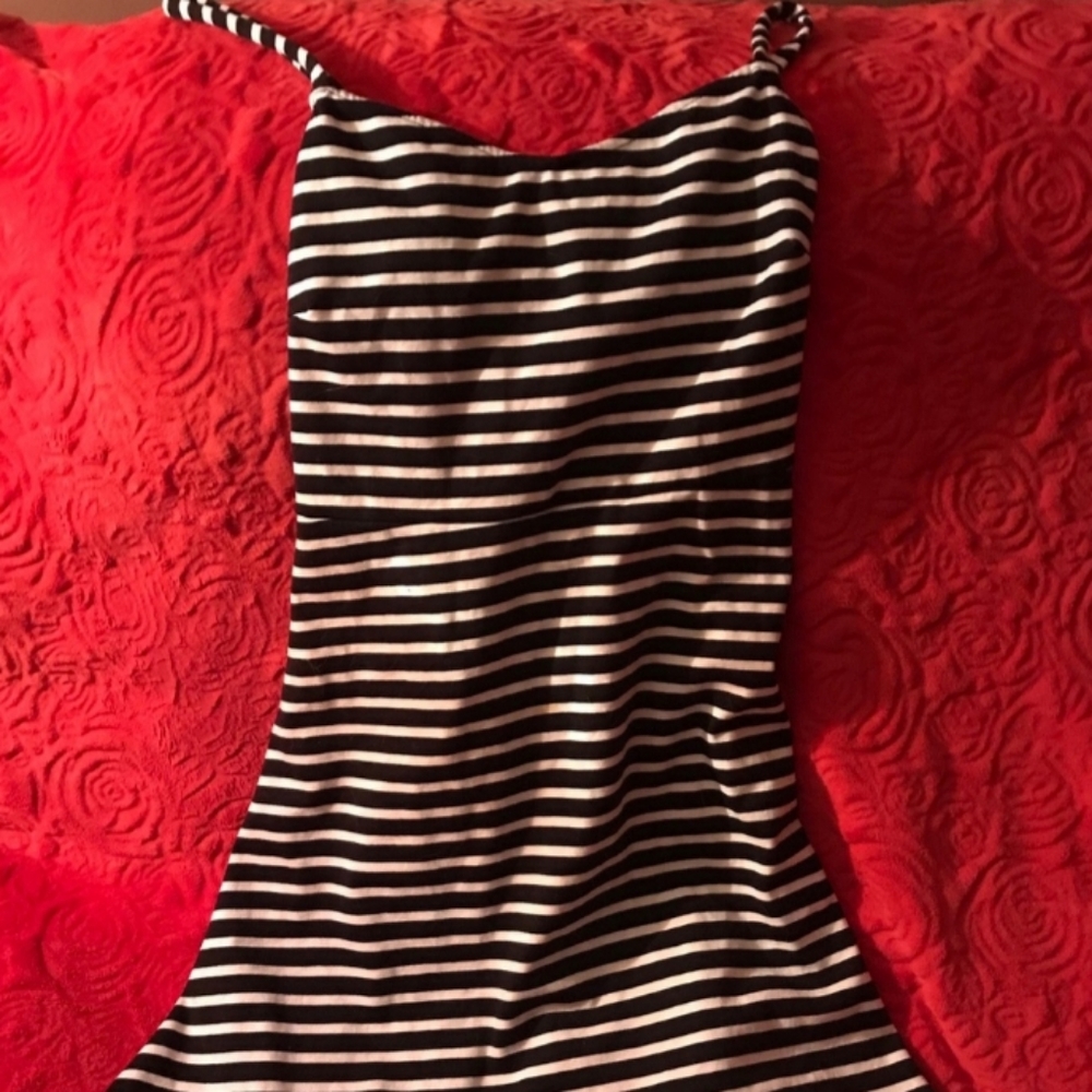 Black and white striped A line dress with stretch.